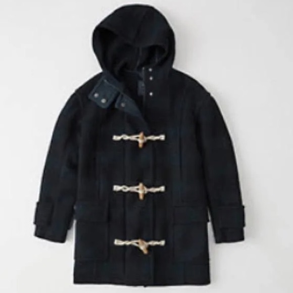 Abercrombie & Fitch | Women’s navy/green plaid wool hooded zip duffel coat sz XS - Picture 3 of 16